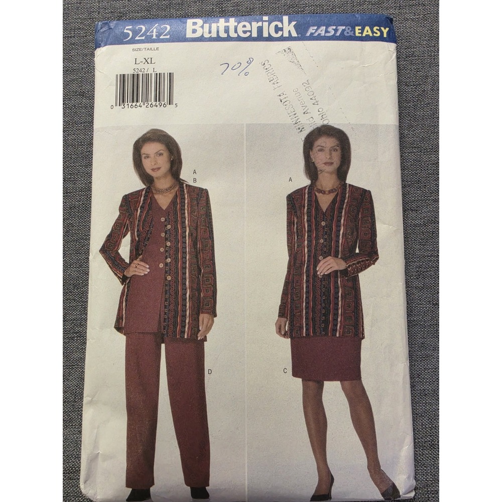Butterick #5242 Fast & Easy Misses /Petite Top Skirt Pants Size XS-XL
